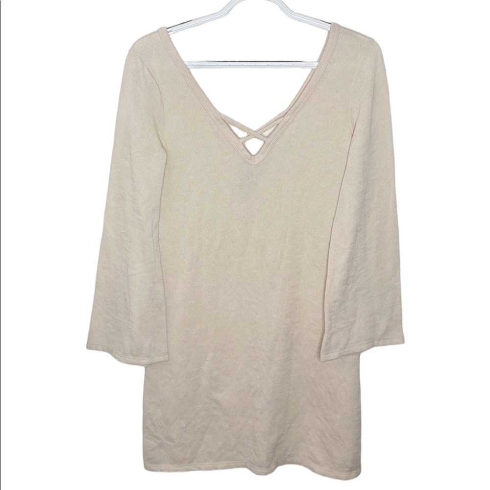 Go Couture criss cross v neck bell sleeve tunic in beige size S